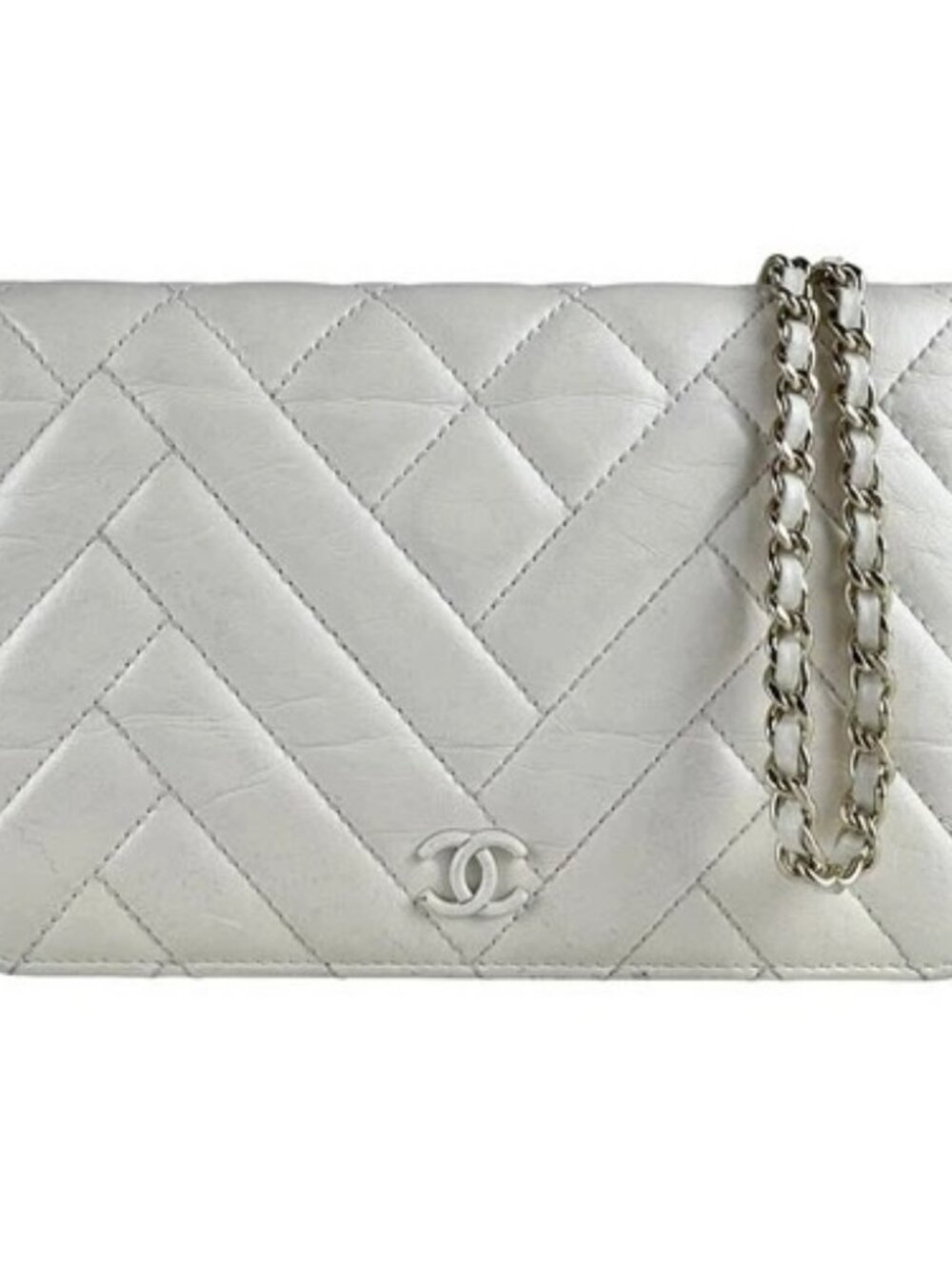 Auth CHANEL Chain Wallet Crossbody Bag Off White Leather/Metal - z10008